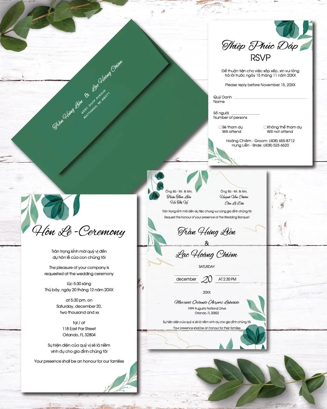 Leaves And Curved Lines Acrylic Wedding Invitation