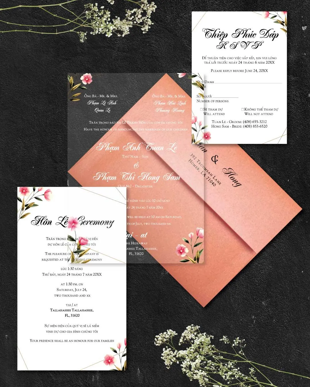 Small Pink Flowers Acrylic Wedding Invitation