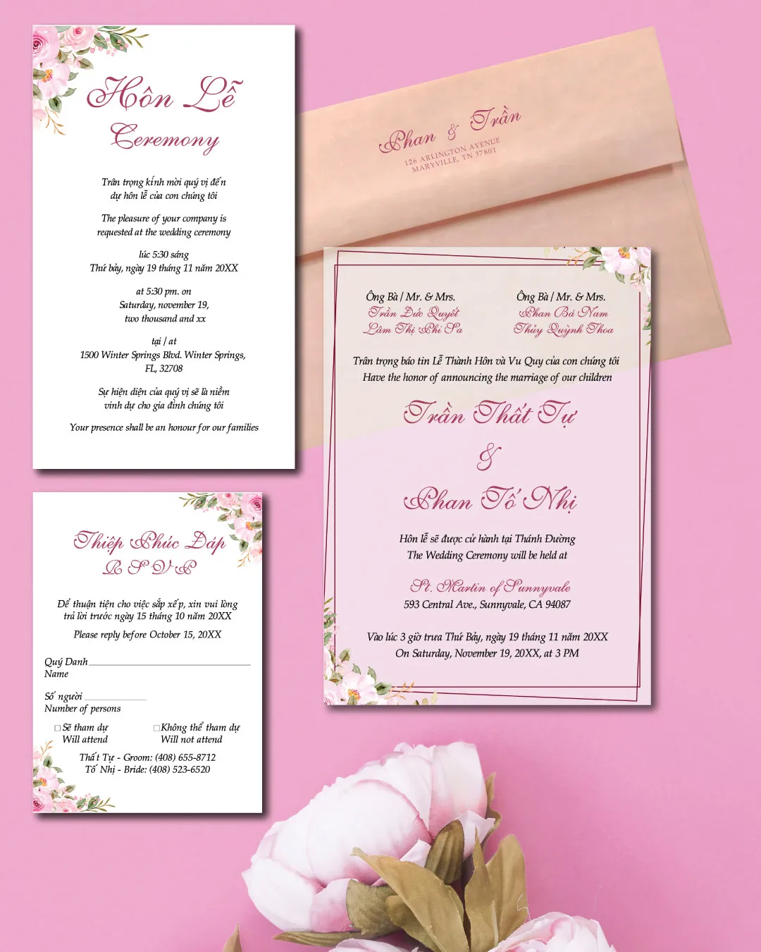 Frame Pink Flowers Acrylic Wedding Invitation