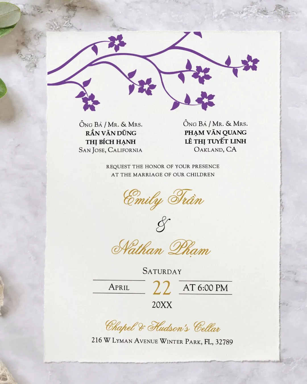 Purple Gold Love Simple Flat 5x7 Wedding Invitation 2