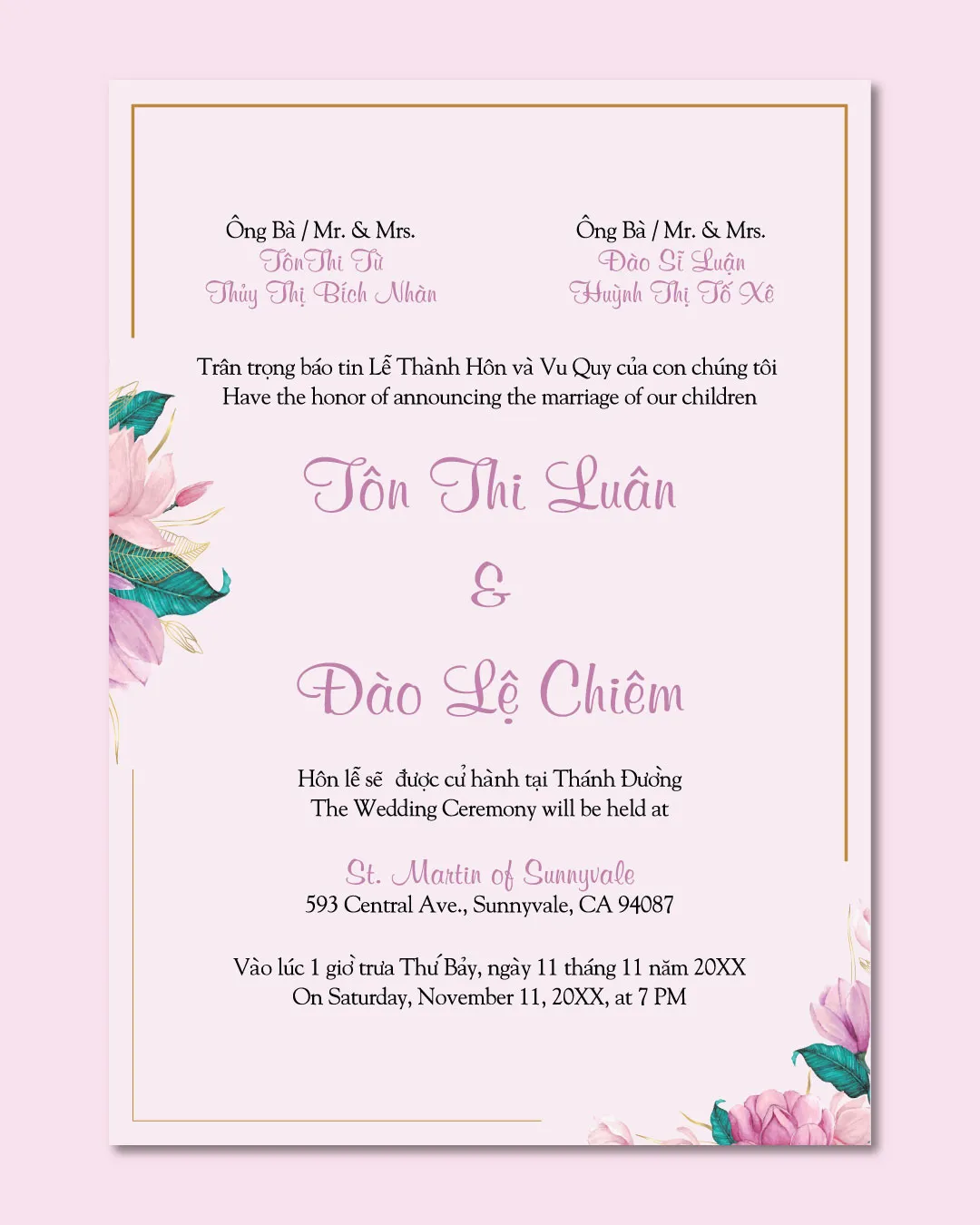 Flowers On The Sides Acrylic Wedding Invitation