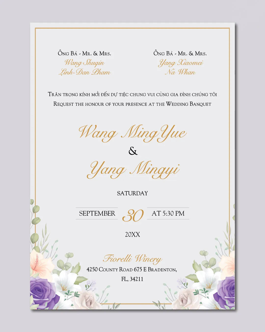 Frame Flowers Purple Acrylic Wedding Invitation