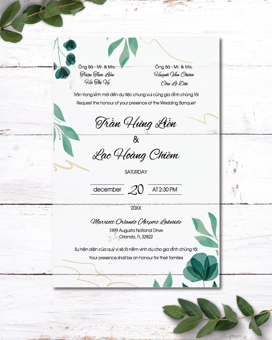 Leaves And Curved Lines Acrylic Wedding Invitation