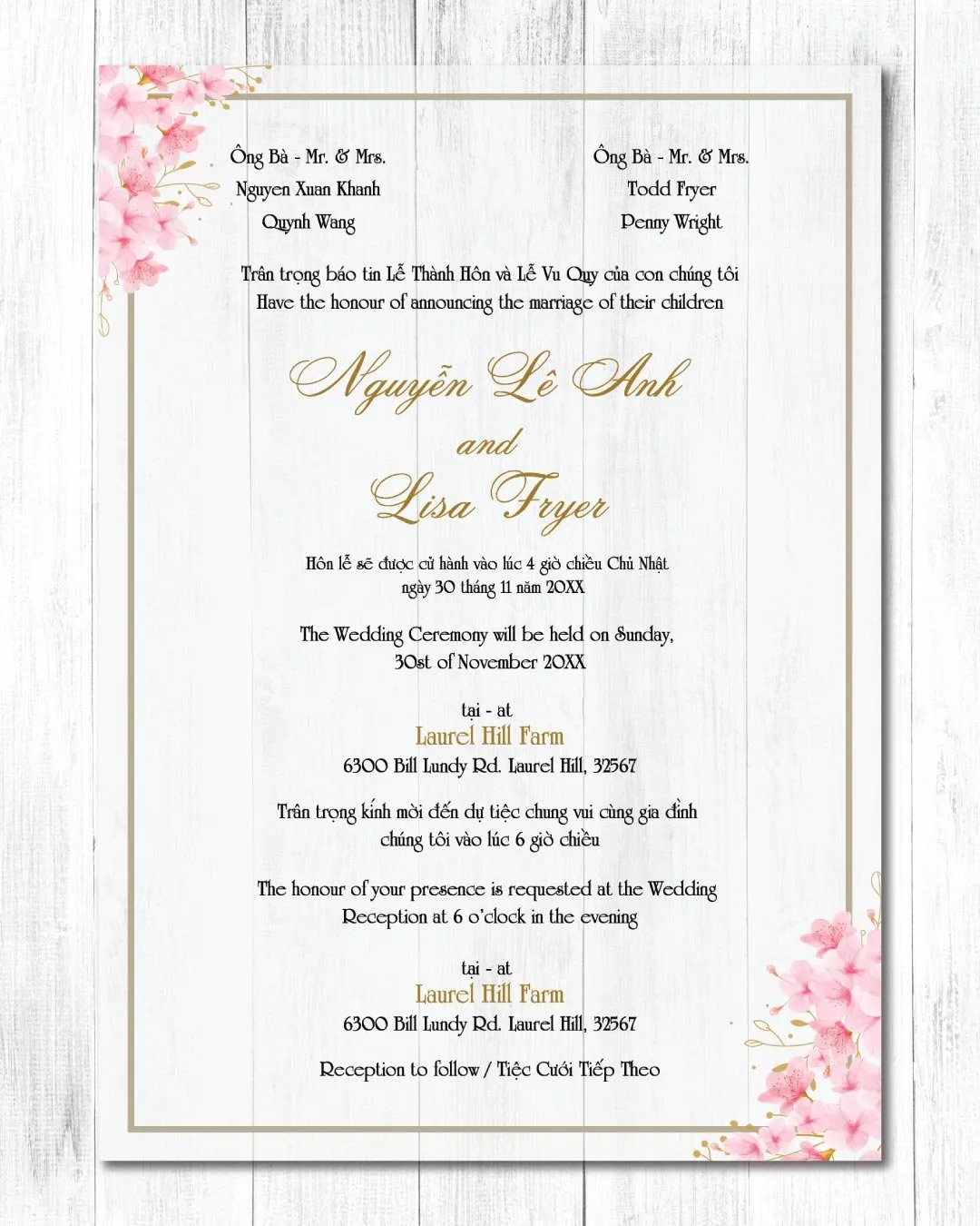 Cherry Blossoms In The Corners Acrylic Wedding Invitation