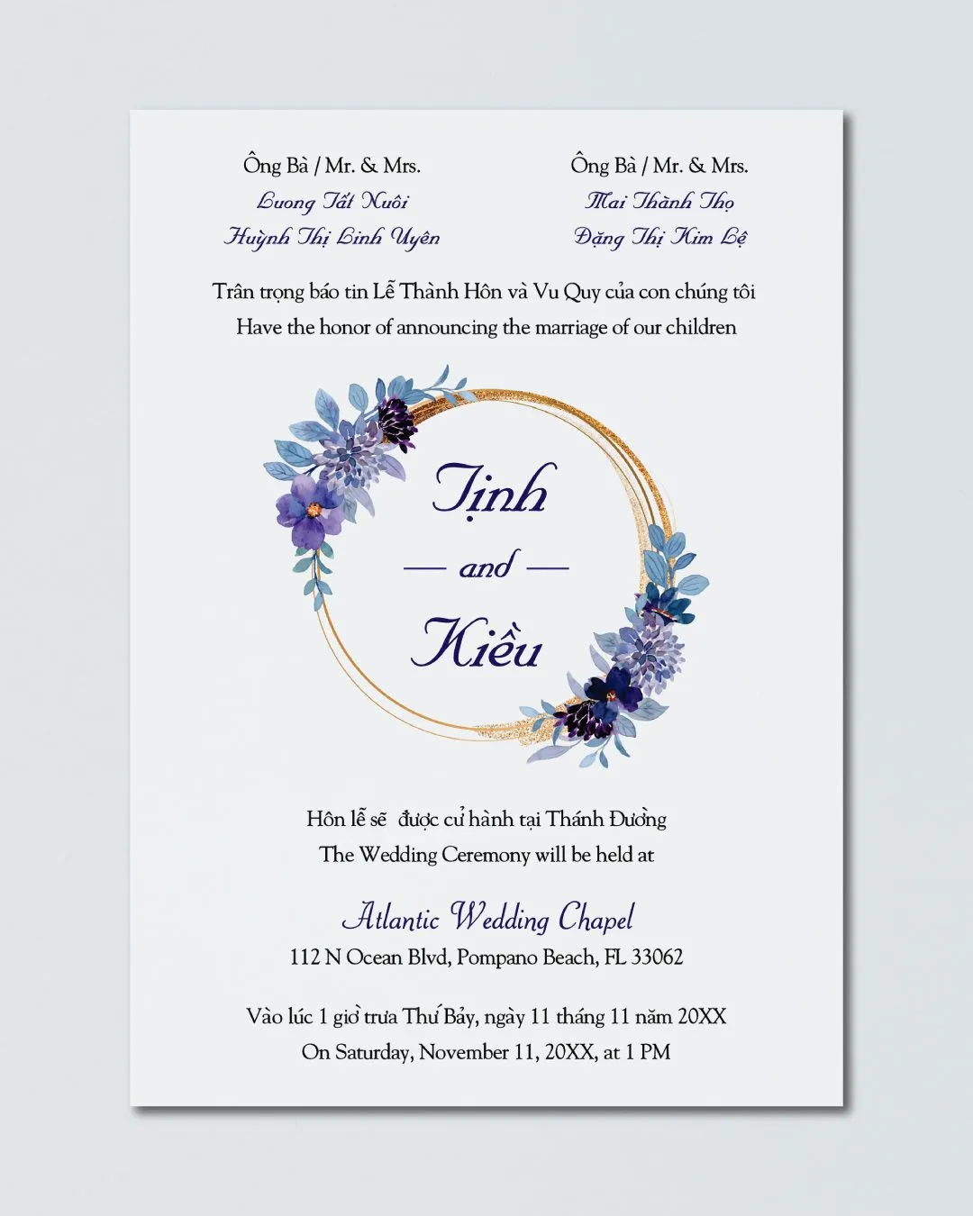 Golden Circle Flowers Acrylic Wedding Invitation