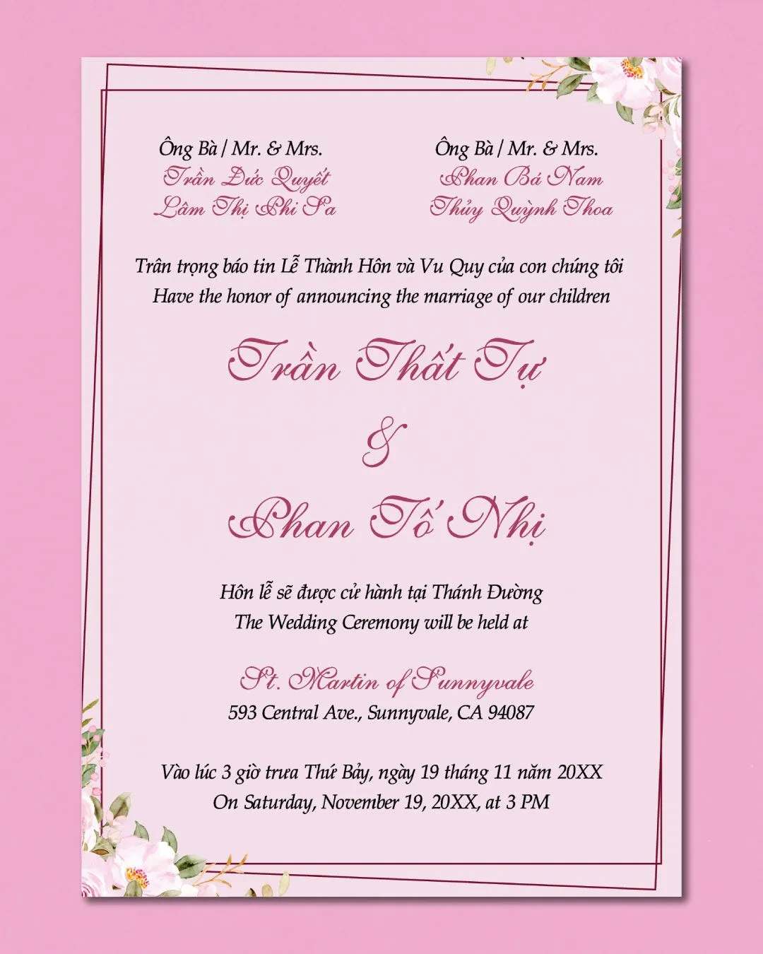 Frame Pink Flowers Acrylic Wedding Invitation