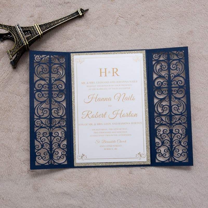 Gold Floral Diamond Drop Laser Cut Wedding Invitation