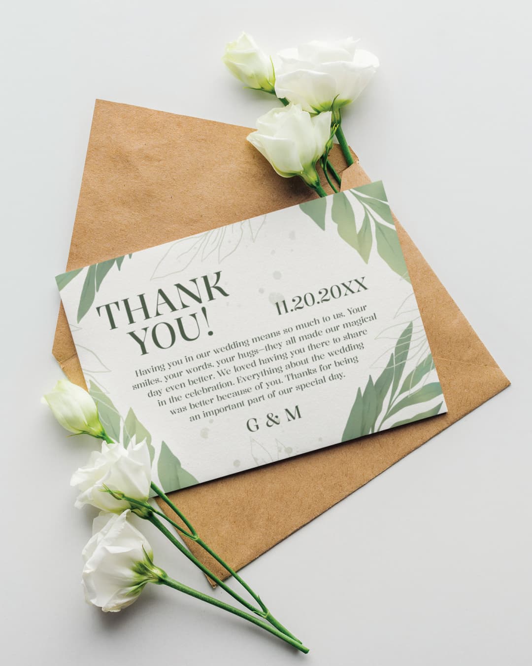Green Leaves with Gold Thank You Cards Wedding