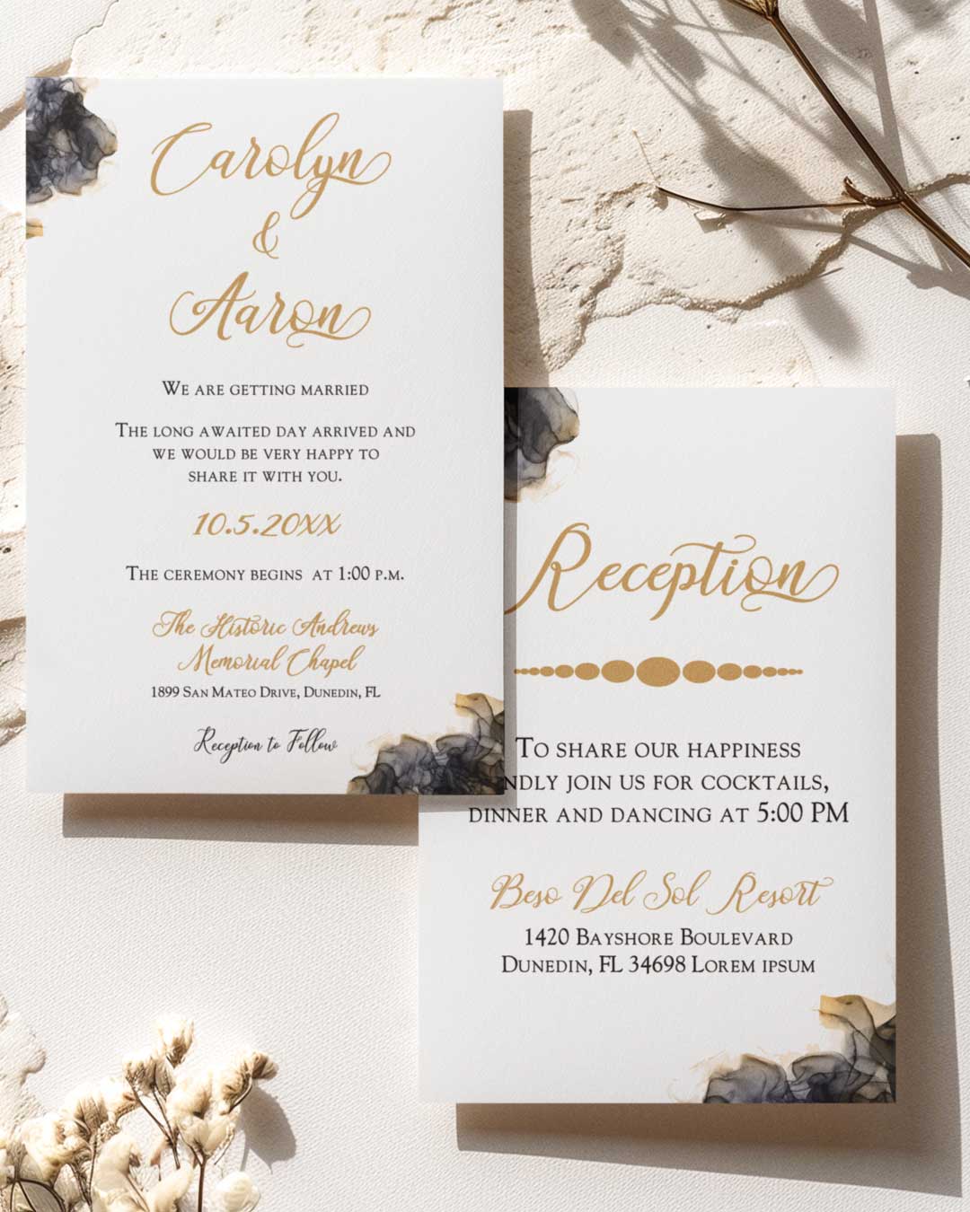 Refined Black Floral Simple Flat 5x7 Wedding Invitation