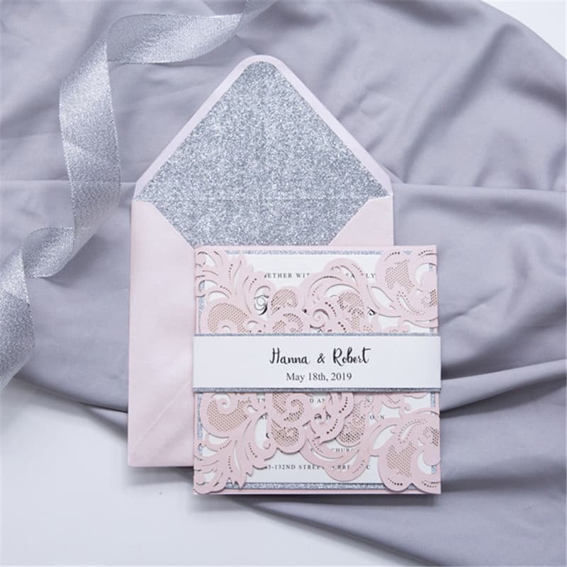 Silver Lace Glittery Laser Cut Wrap Wedding Invitation