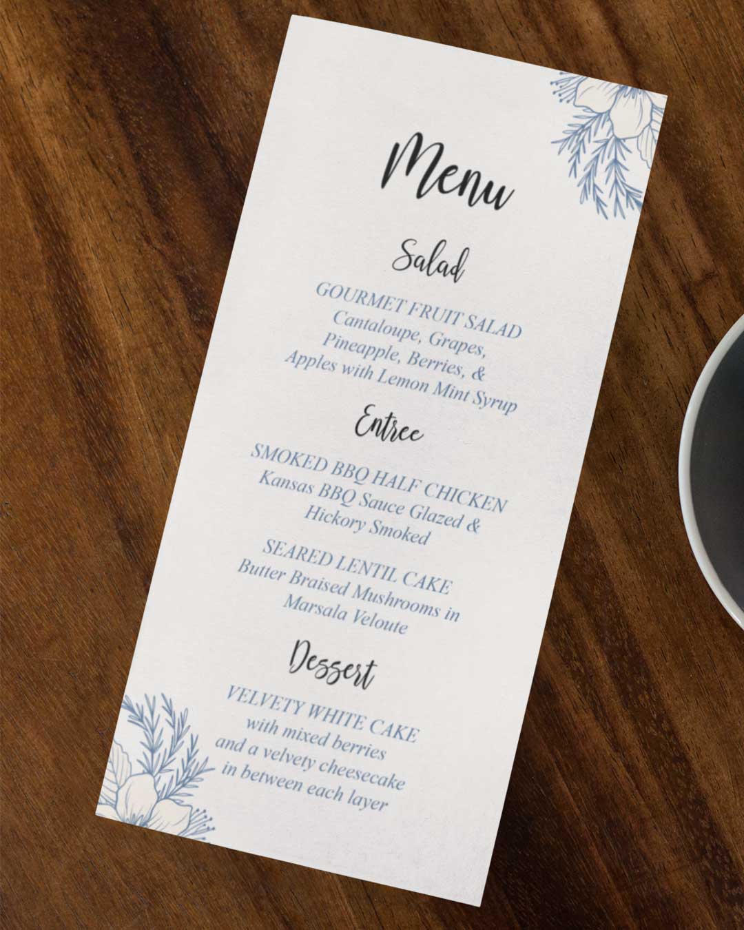 Blue Letters And Flowers Wedding Menu Cards