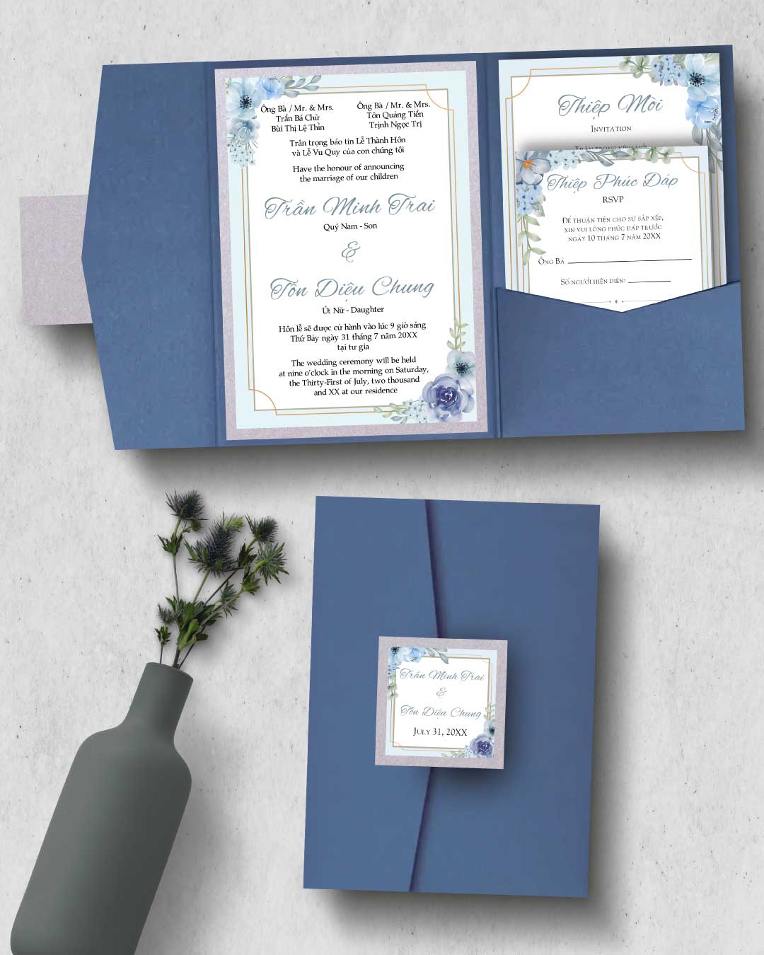 AP Printing - Blue Frame Flowers A7 Himalaya Pocket Vietnamese & English Wedding Invitation - Custom Printing Services