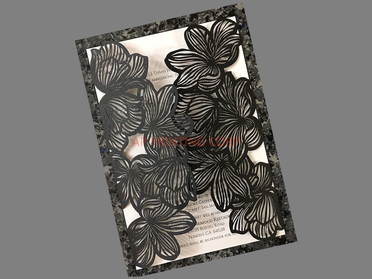 CL-PF-57 M-M Gold Heart Diamond Drop Laser Cut Wedding Invitation