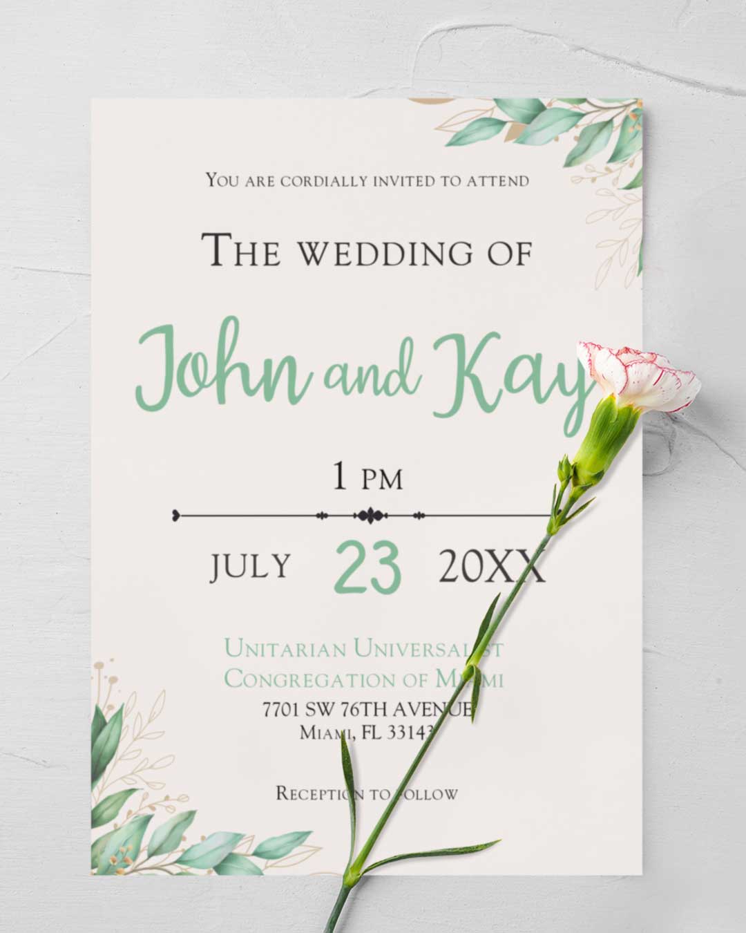Soft Leaf Border Simple Flat 5x7 Wedding Invitation