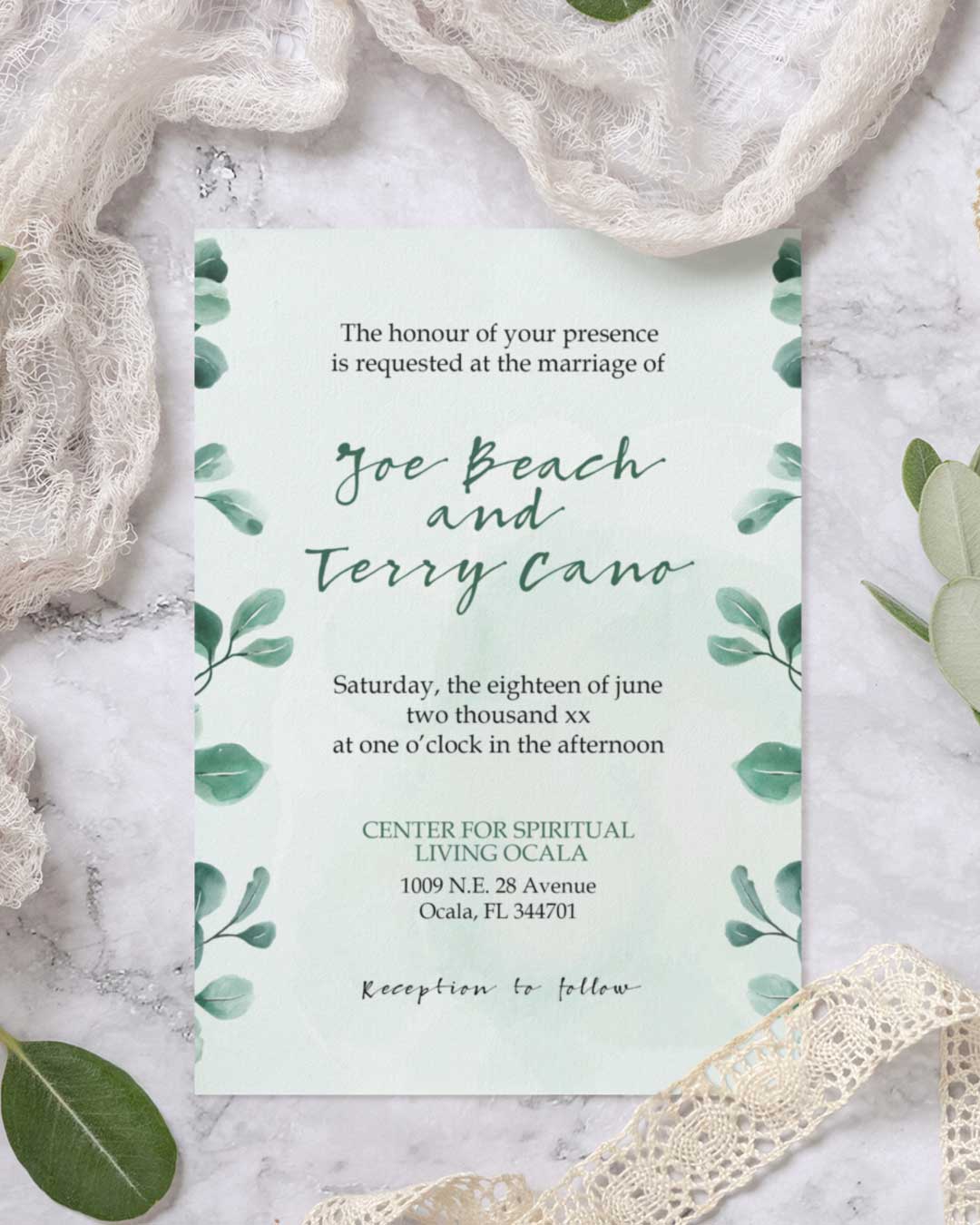 Elegant Green Leaves Simple Flat 5x7 Wedding Invitation