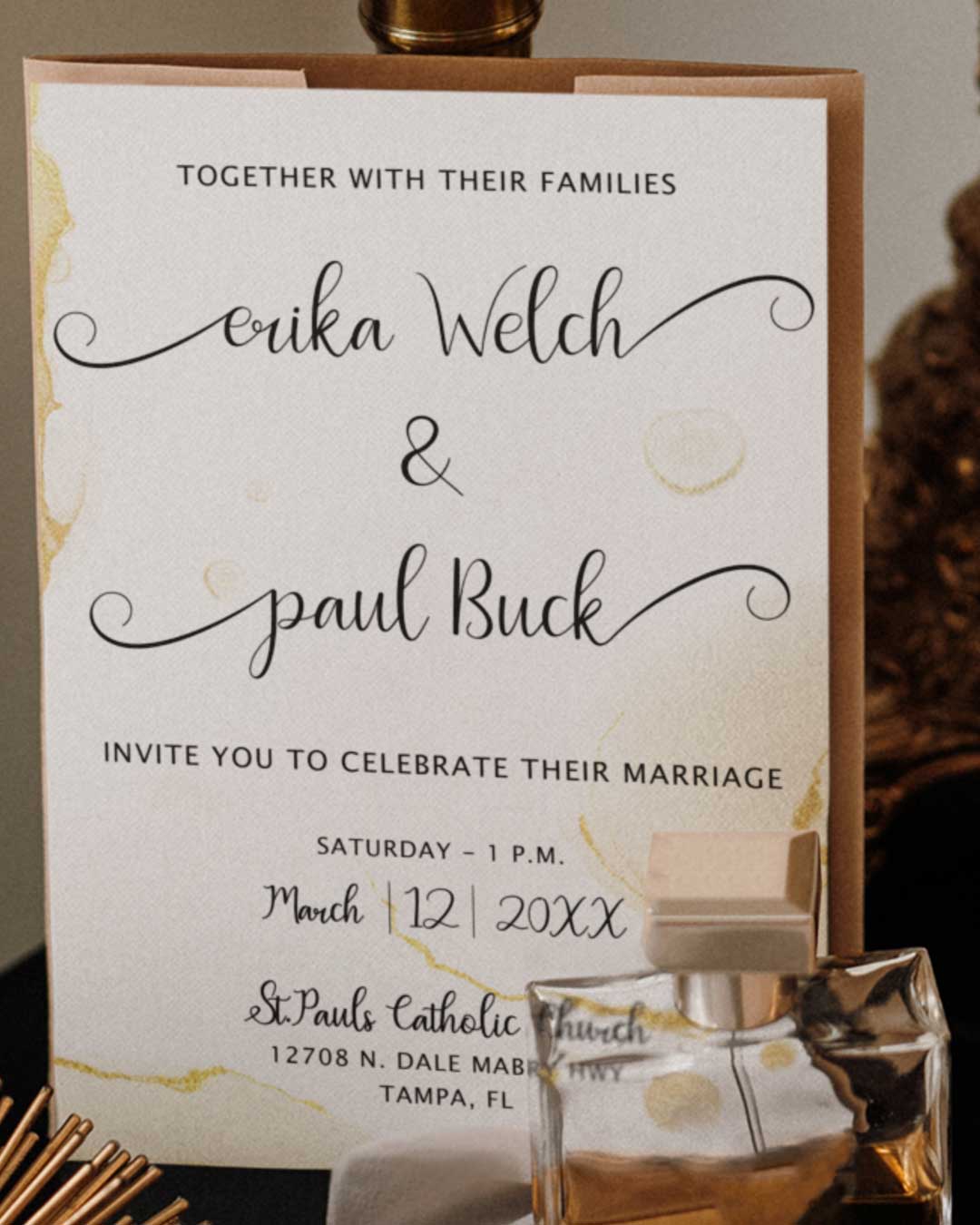 Gold Streaked Sandy Simple Flat 5x7 Wedding Invitation