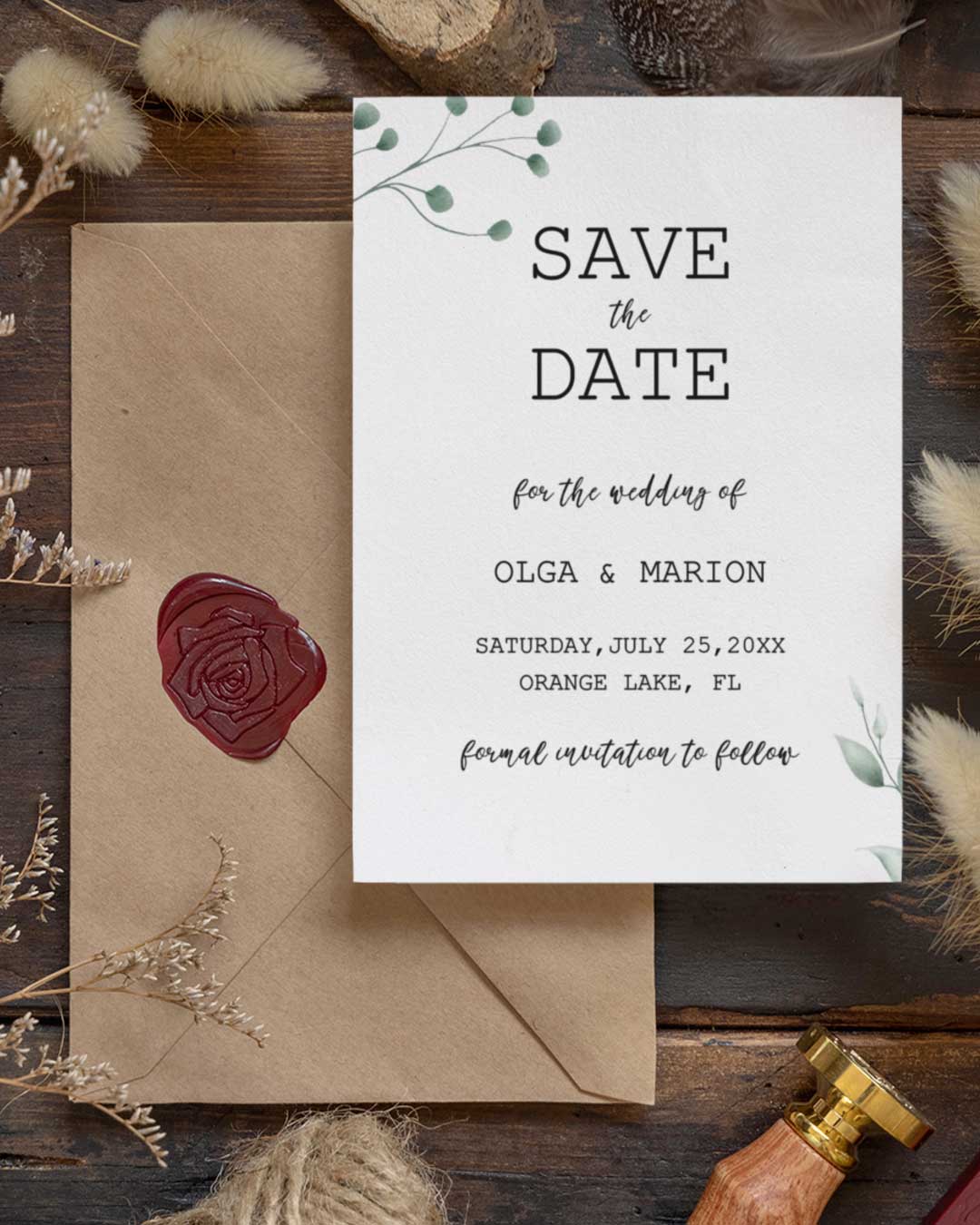 White with Green Branches Save The Date