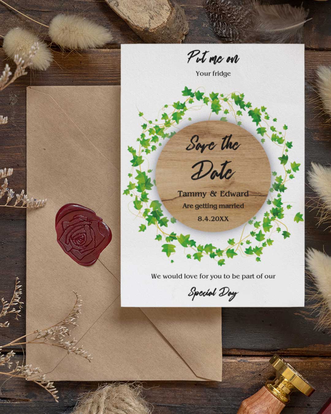 Wooden Frame with Leaves Save The Date