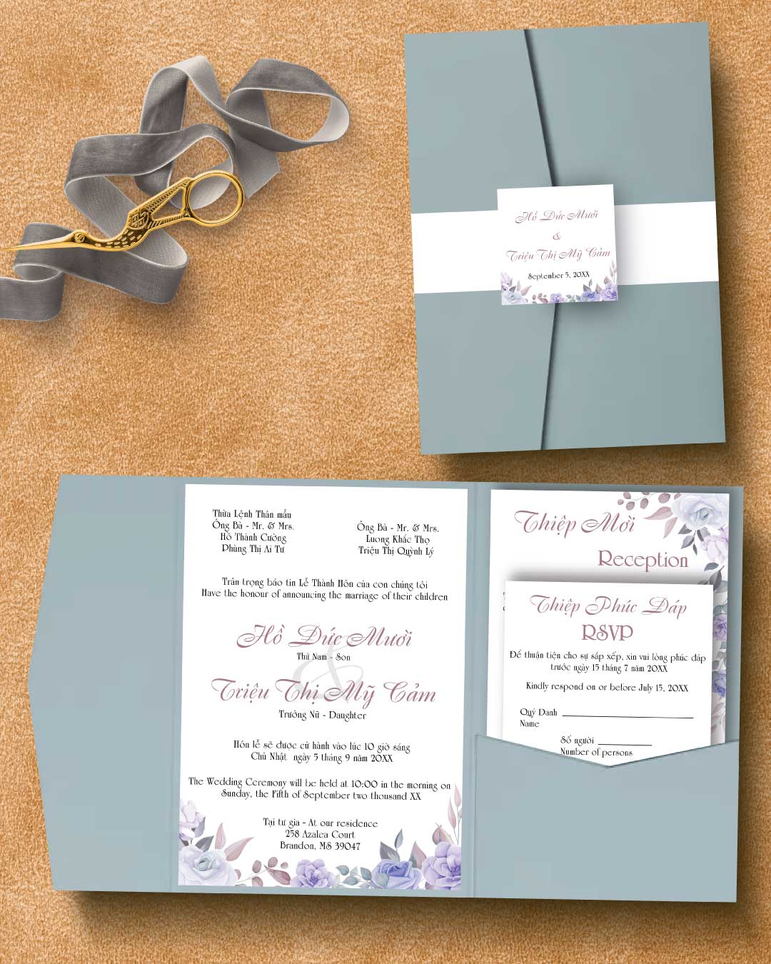 AP Printing - Plum Flowers A7 Himalaya Pocket Vietnamese & English Wedding Invitation - Custom Printing Services