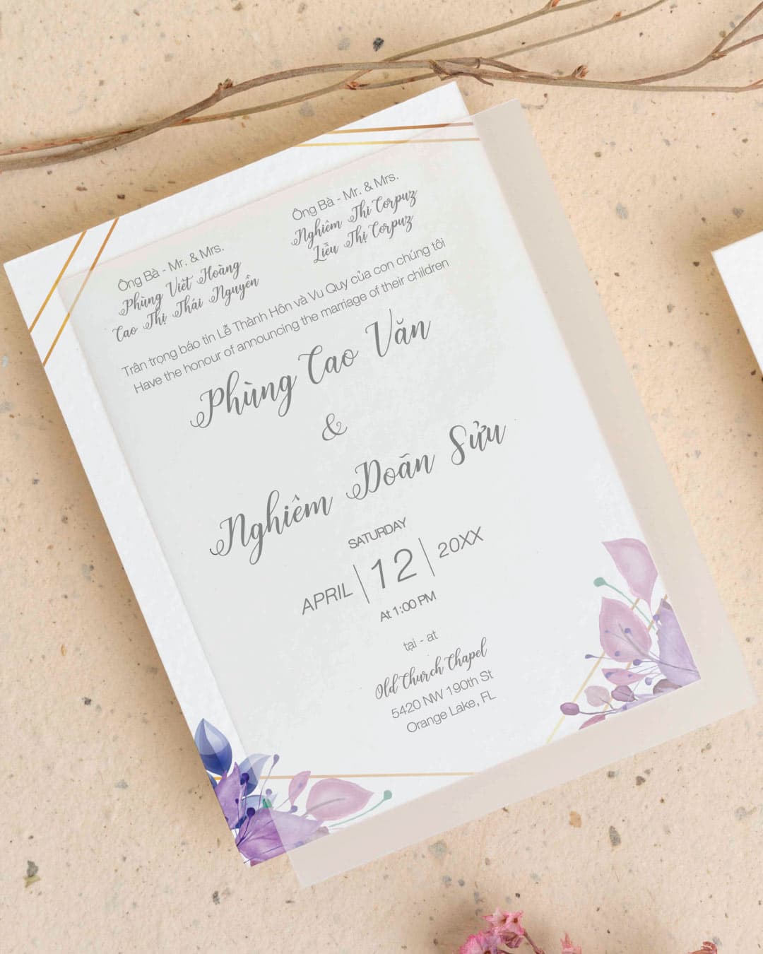Violet Leaves Vellum Wrapped Vietnamese & English Wedding Invitation