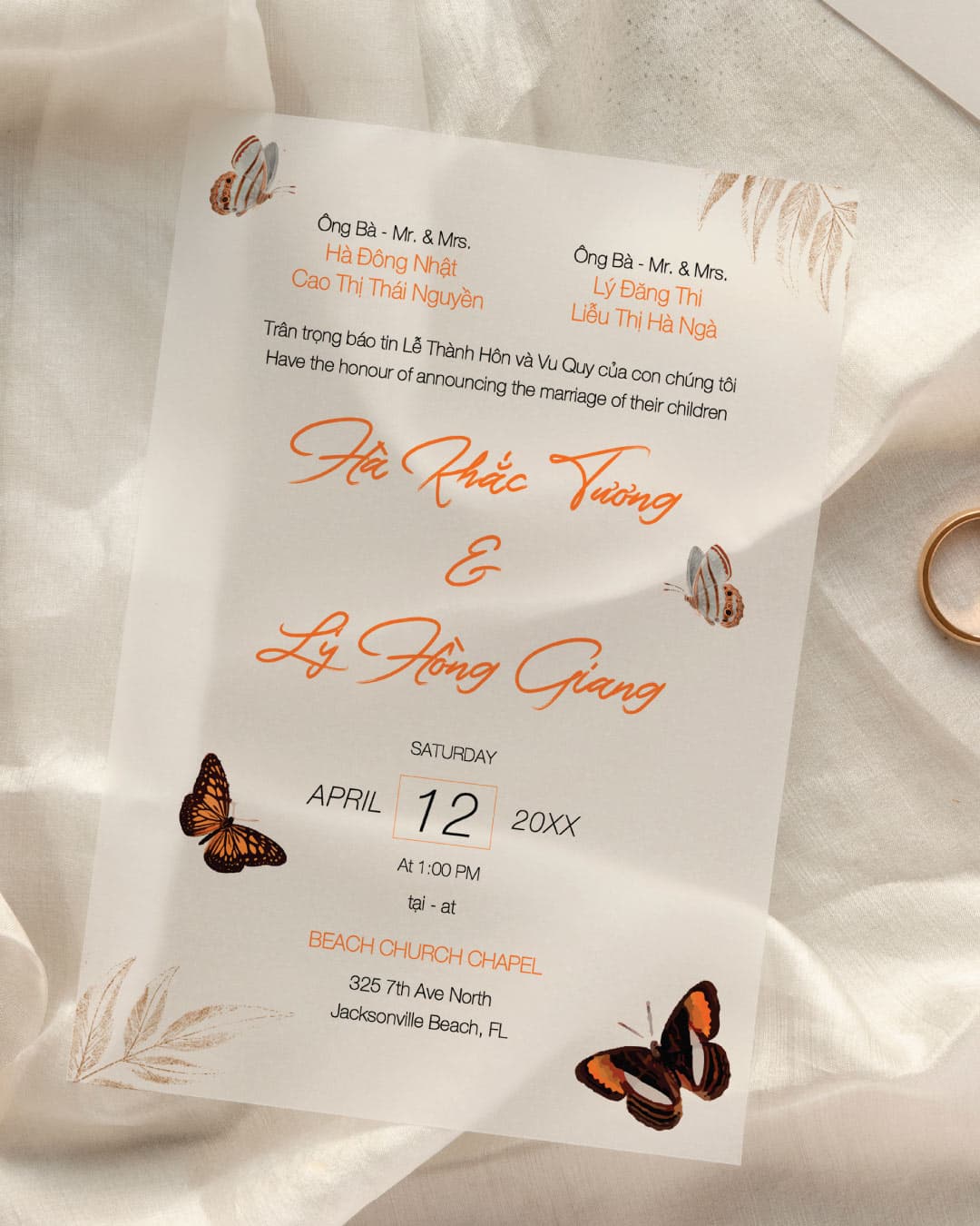 Invitation Butterflies Vellum Wrapped Vietnamese & English Wedding Invitation