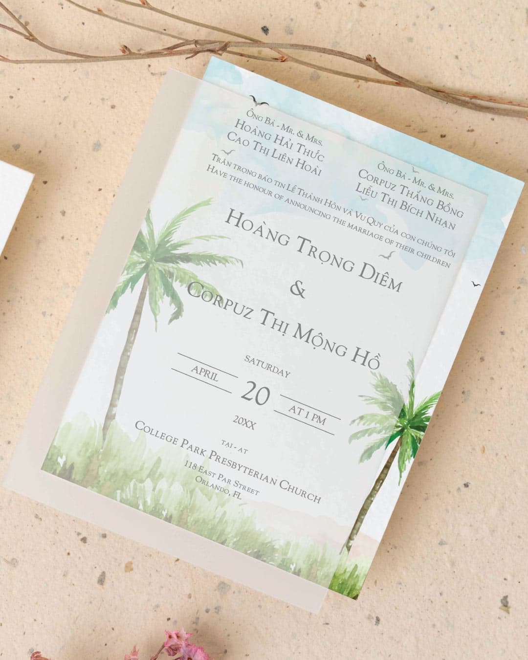 Watercolor Palm Trees Vellum Wrapped Vietnamese & English Wedding Invitation AP Printing - Watercolor Palm Trees Vellum Wrapped Vietnamese & English Wedding Invitation - Custom Printing Services