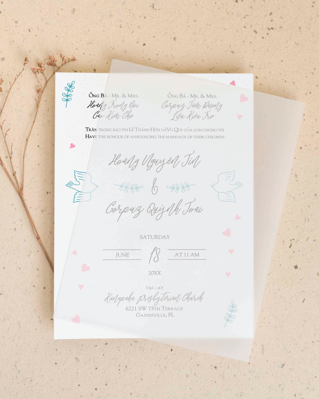 Beautiful Doves Vellum Wrapped Vietnamese & English Wedding Invitation AP Printing - Beautiful Doves Vellum Wrapped Vietnamese & English Wedding Invitation - Custom Printing Services