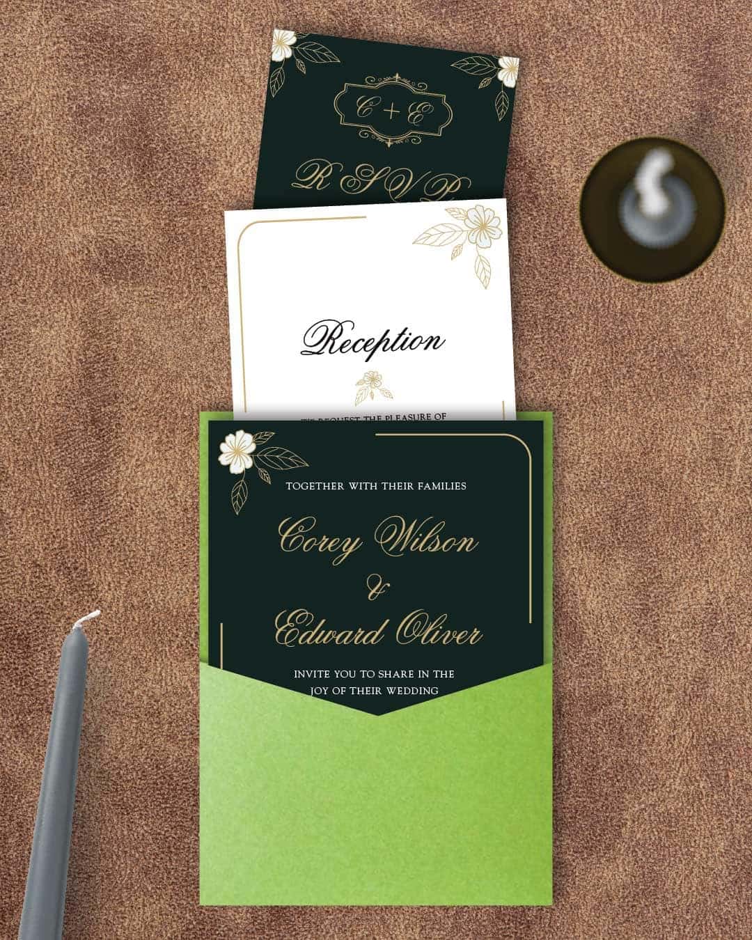 AP Printing - Green and Gold Elegant A7 Denali Pocket Wedding Invitation - Custom Printing Services
