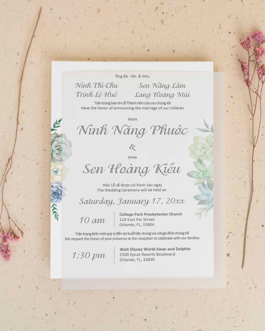 Beautiful Succulents Vellum Wrapped Vietnamese & English Wedding Invitation