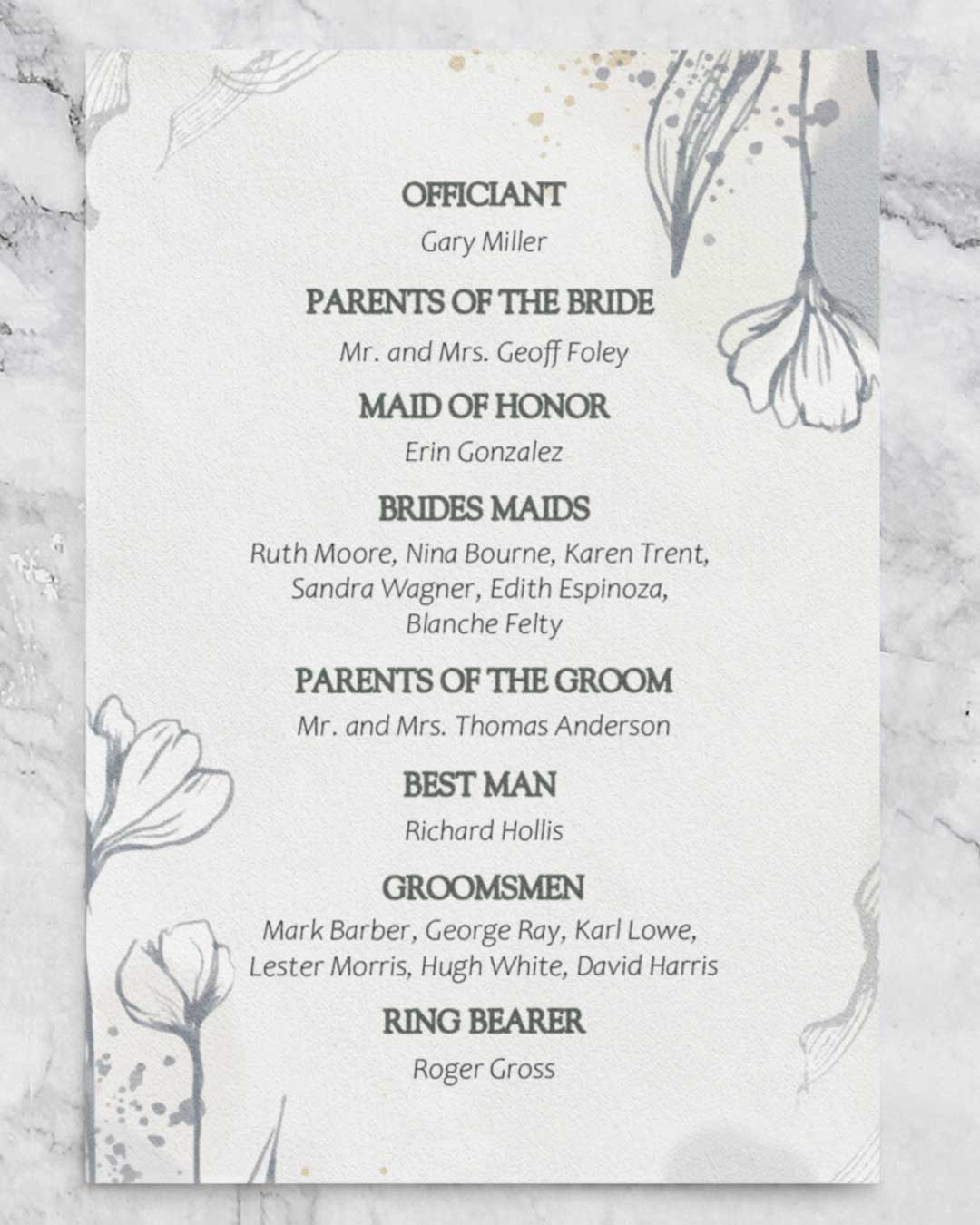 Card Watercolor Flower Wedding Program Cards