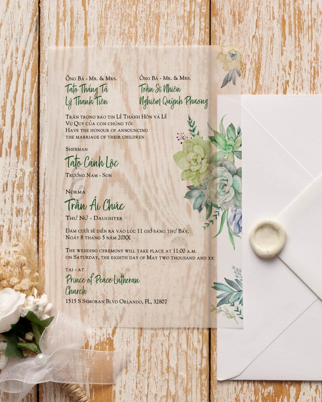 Beautiful Aquatic Flower Vellum Wrapped Vietnamese & English Wedding Invitation AP Printing - Beautiful Aquatic Flower Vellum Wrapped Vietnamese & English Wedding Invitation - Custom Printing Services