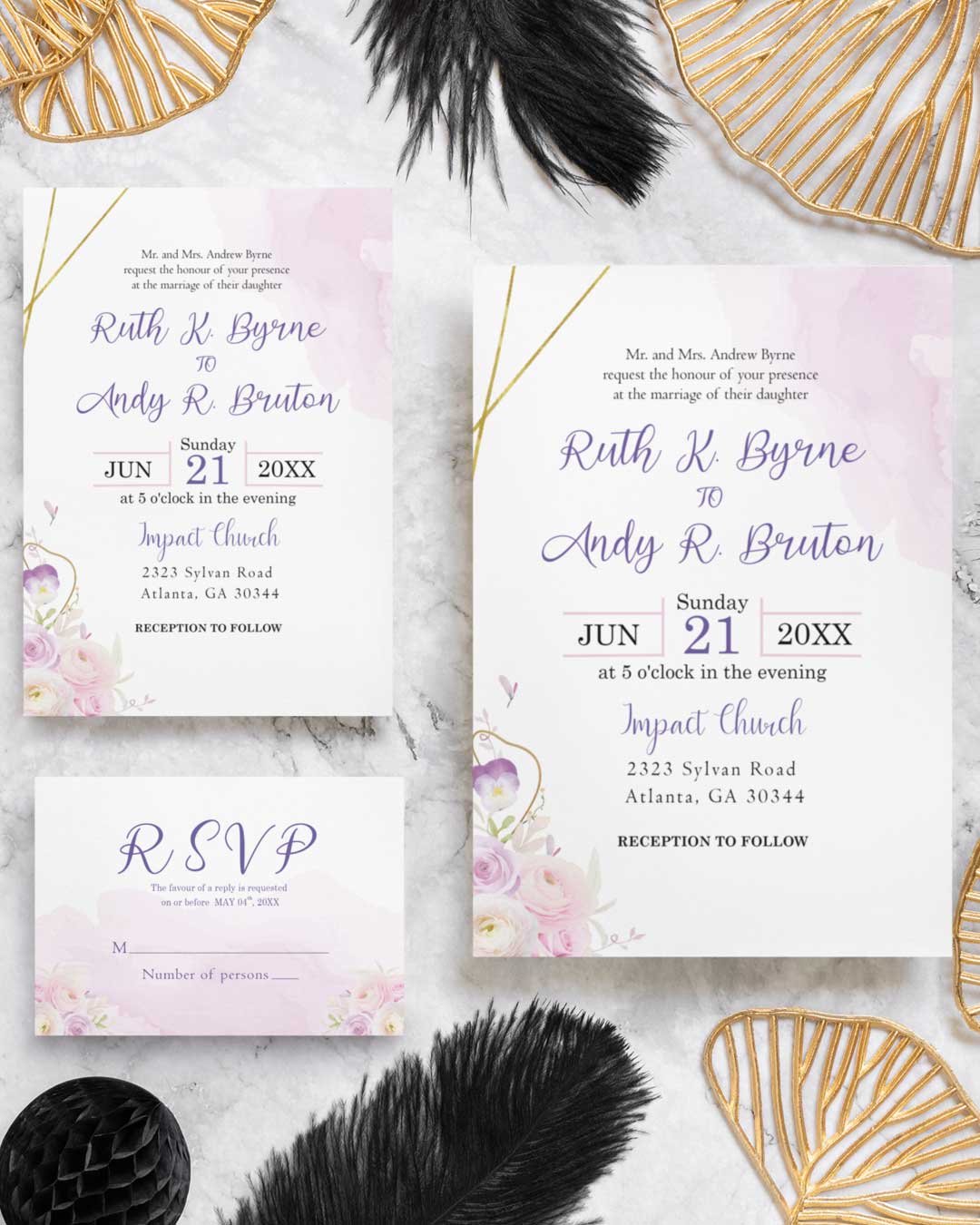 Peach Flowers Simple Flat 5x7 Wedding Invitation