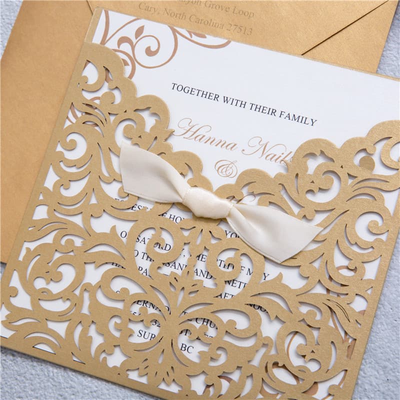 CL-WRAP-57 M-N White Flourish Wrap with Ribbon Laser Cut Wedding Invitation