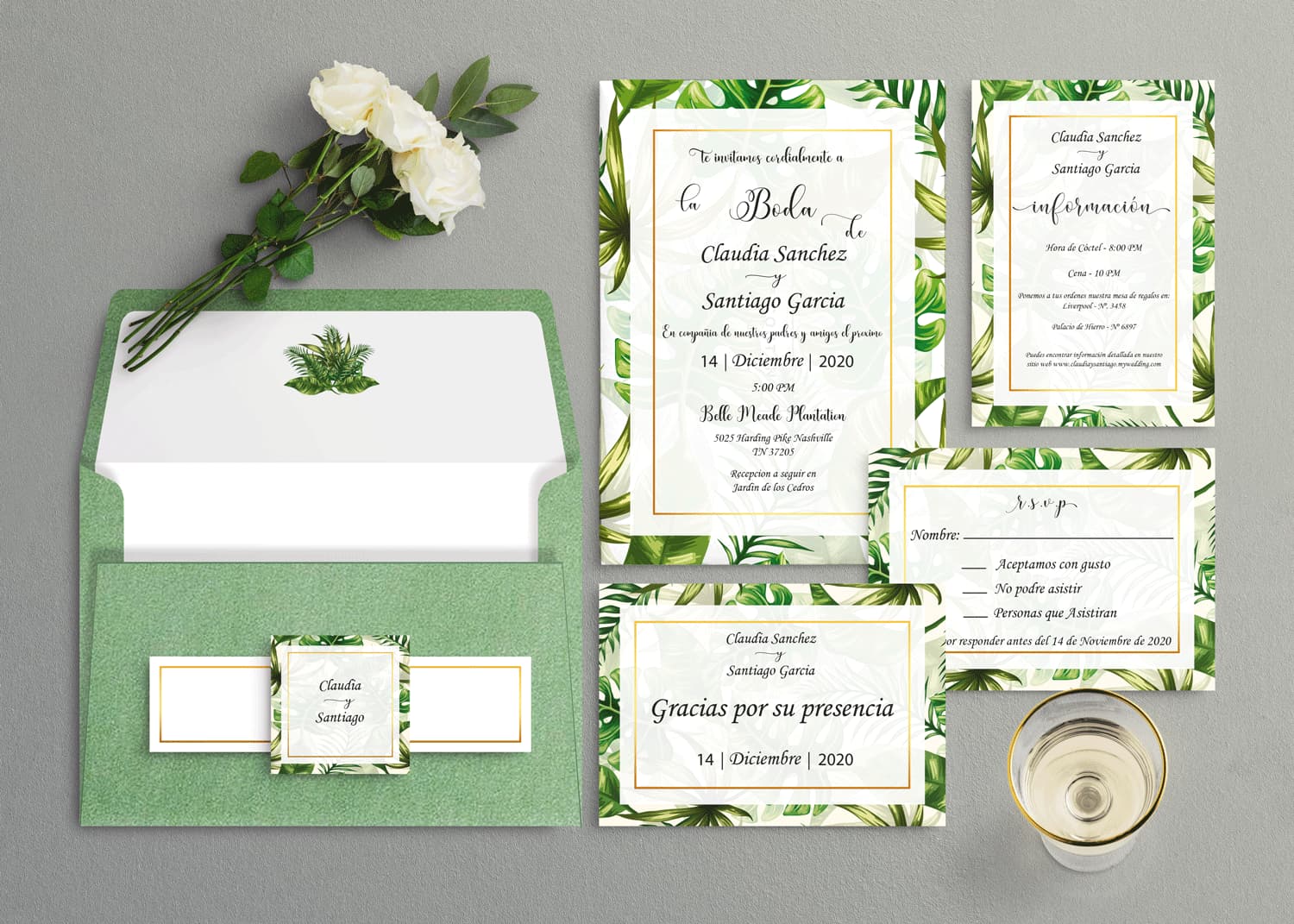 Tropical Calligraphy Spanish & English Elegant Wedding Invitation