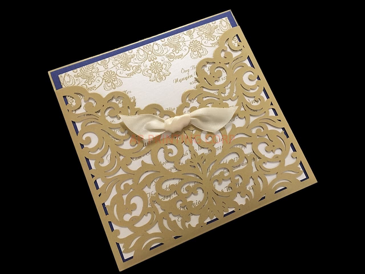 Exquisite Lace Vine Tri-Fold Laser Cut Pocket Wedding Invitation