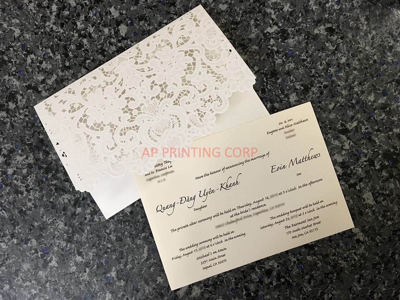 Gold Heart Flourish Pocket  Laser Cut Vietnamese & English Wedding Invitation