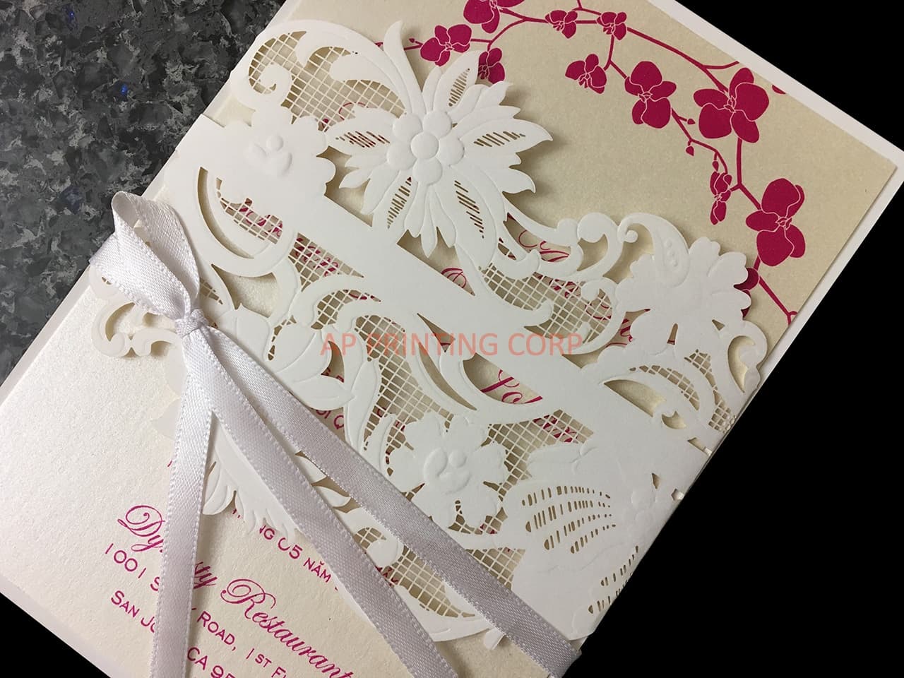 CL-WRAP-57 M-N White Flourish Wrap with Ribbon Laser Cut Wedding Invitation