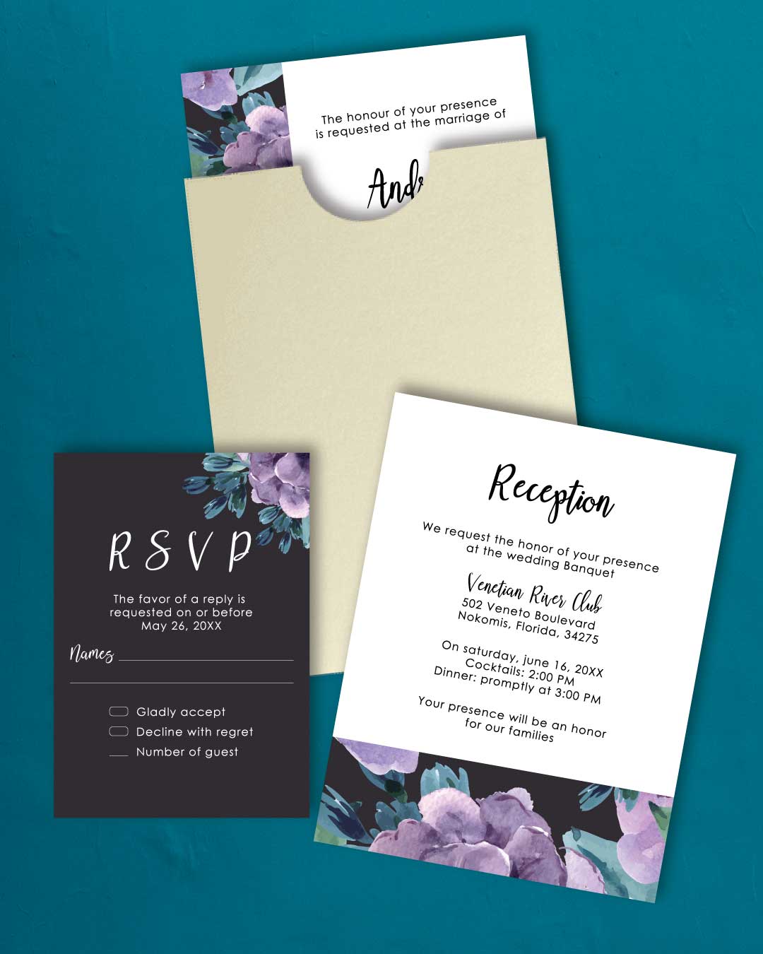 AP Printing - Serious Purple Design A7 Sleeve Pocket Wedding Invitation - Custom Printing Services