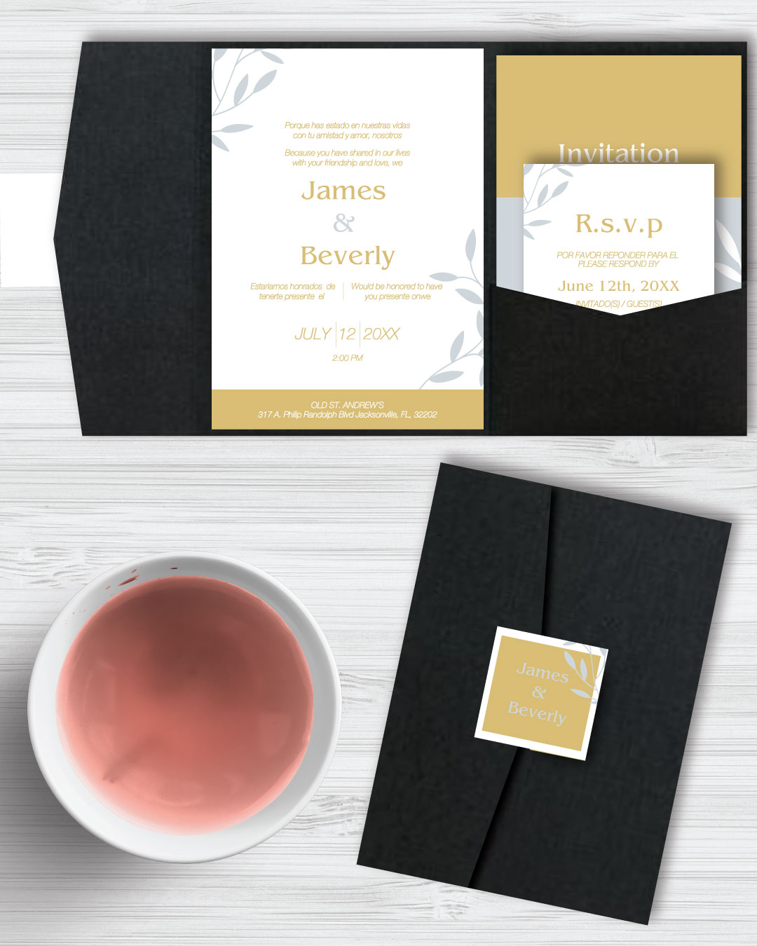 Gray Leaves A7.5 Himalaya Pocket Spanish & English Wedding Invitation