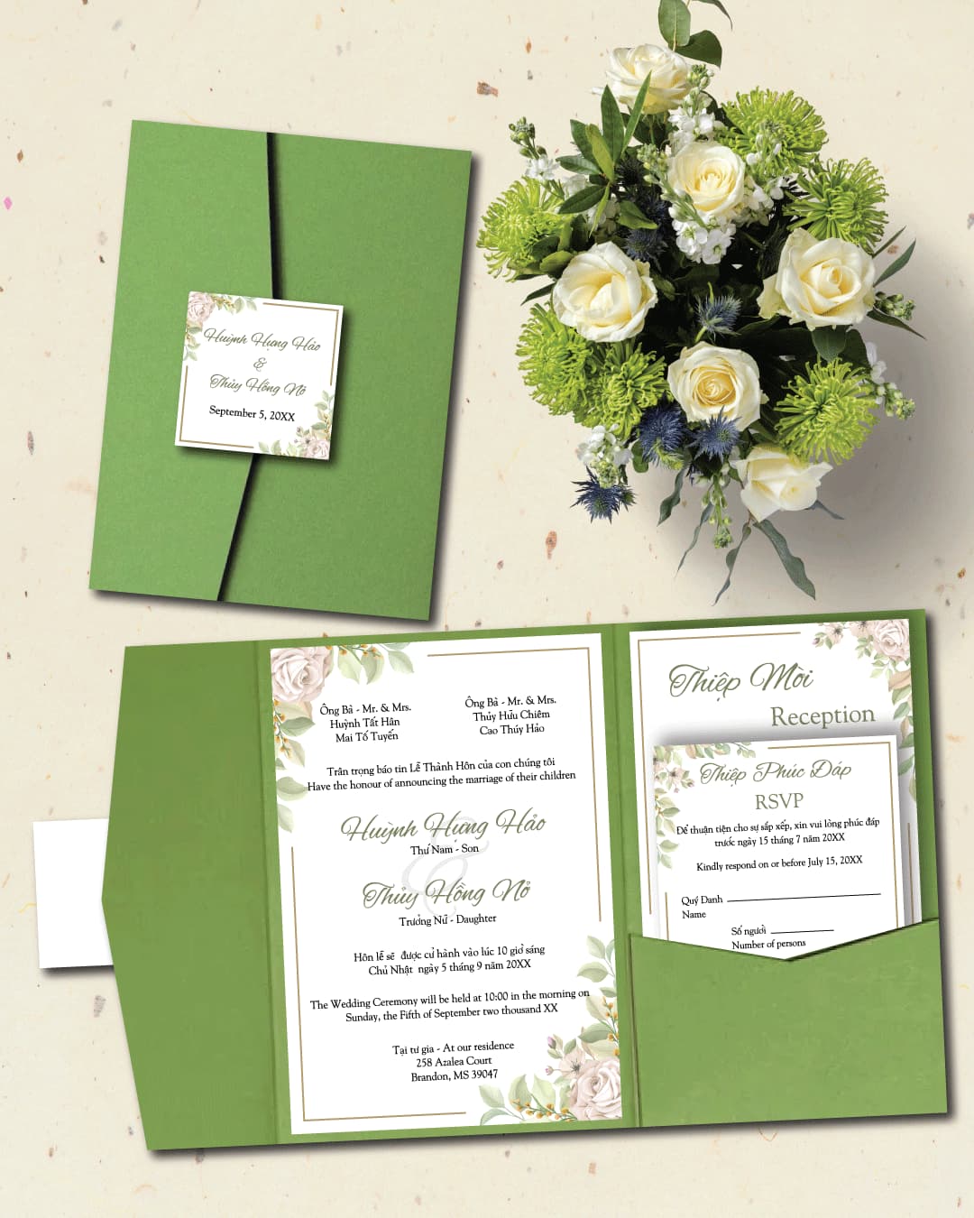 Beige Roses Leaves A7 Himalaya Pocket Vietnamese & English Wedding Invitation