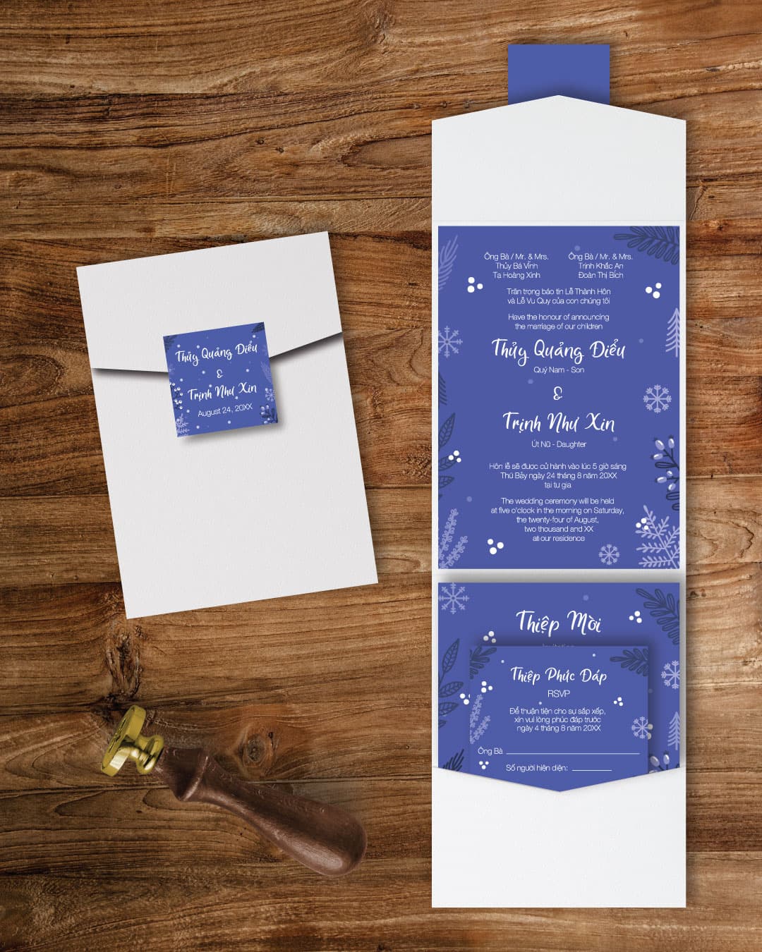 Blue Winter and Snow A7 Cascade Pocket Vietnamese & English Wedding Invitation AP Printing - Blue Winter and Snow A7 Cascade Pocket Vietnamese & English Wedding Invitation - Custom Printing Services