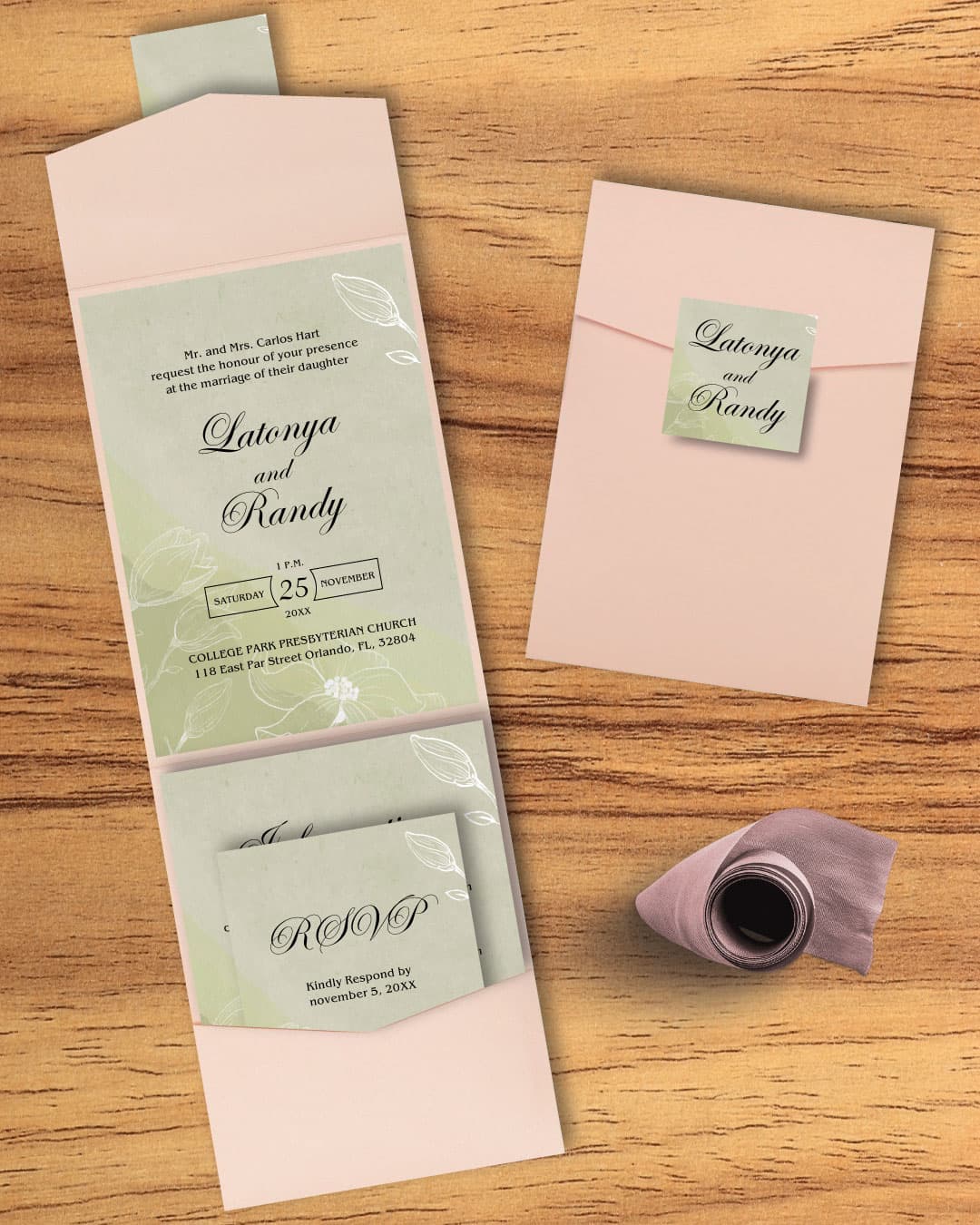AP Printing - Watercolor Silhouette Magnolia A7 Cascade Pocket Wedding Invitation - Custom Printing Services