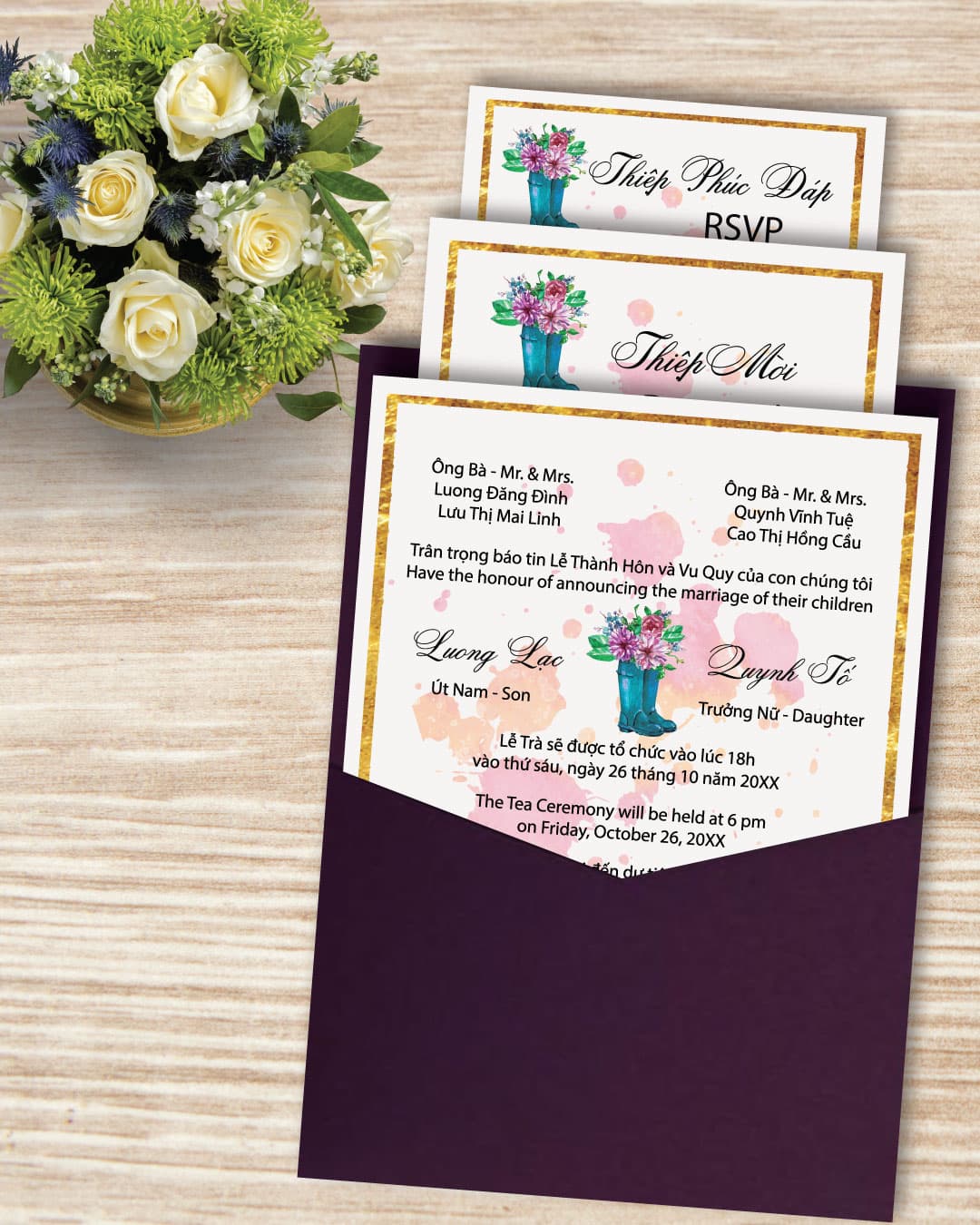 Boot Arrangement A7 Denali Pocket Vietnamese & English Wedding Invitation AP Printing - Boot Arrangement A7 Denali Pocket Vietnamese & English Wedding Invitation - Custom Printing Services