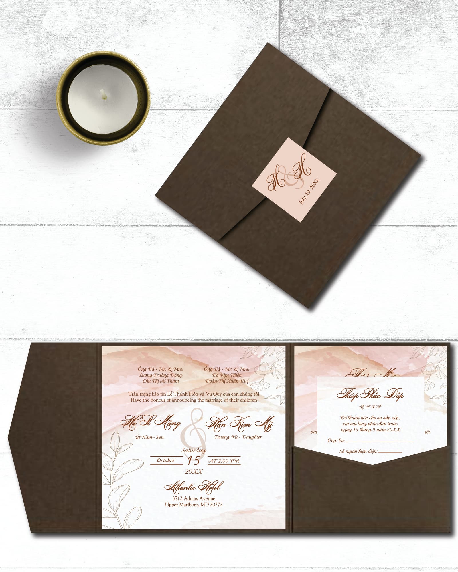 Leaves and Abstract Watercolor 6 1/4 Square Himalaya Pocket Vietnamese & English Wedding Invitation