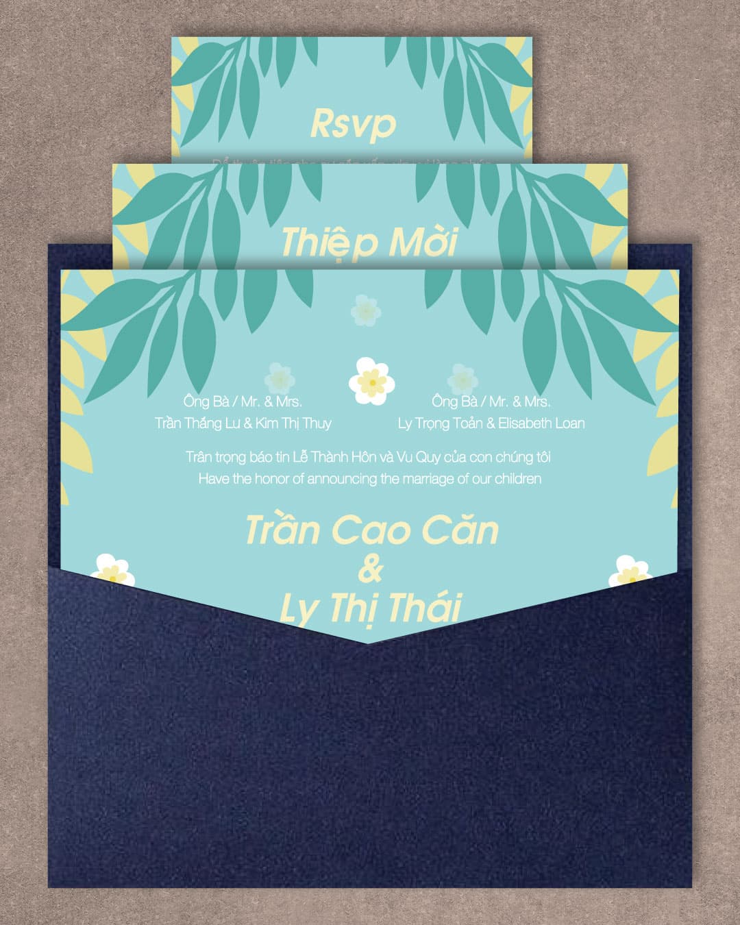 Garden Party and Daisies 6 1/4 Square Denali Pocket Vietnamese & English Wedding Invitation