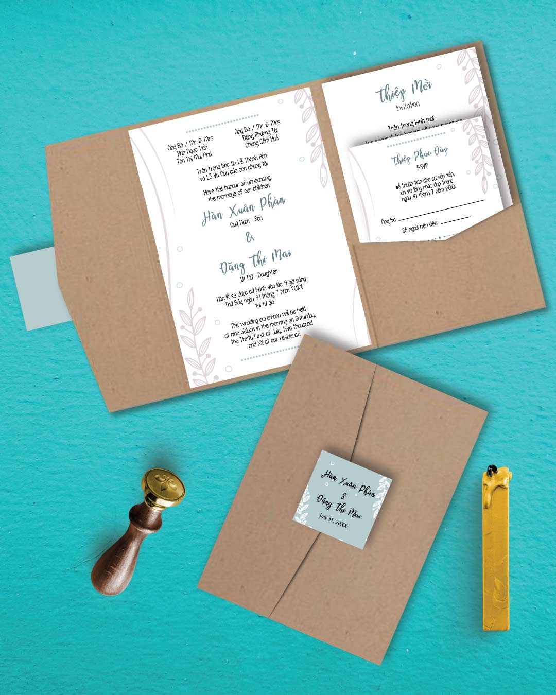 Single Uncontoured Flowers A7 Himalaya Pocket Vietnamese & English Wedding Invitation