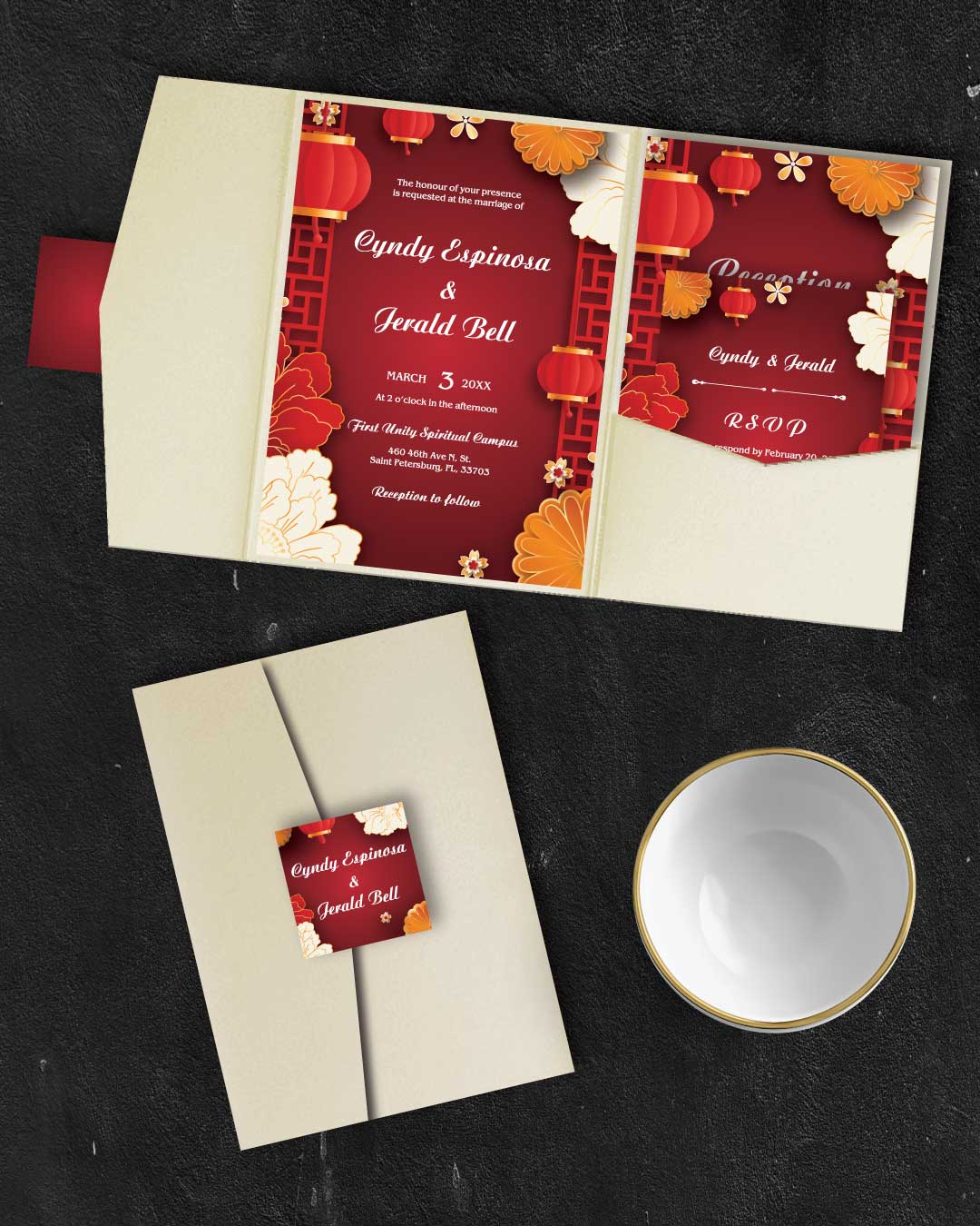 Red and White Oriental A7.5 Himalaya Pocket Wedding Invitation AP Printing - Red and White Oriental A7.5 Himalaya Pocket Wedding Invitation - Custom Printing Services