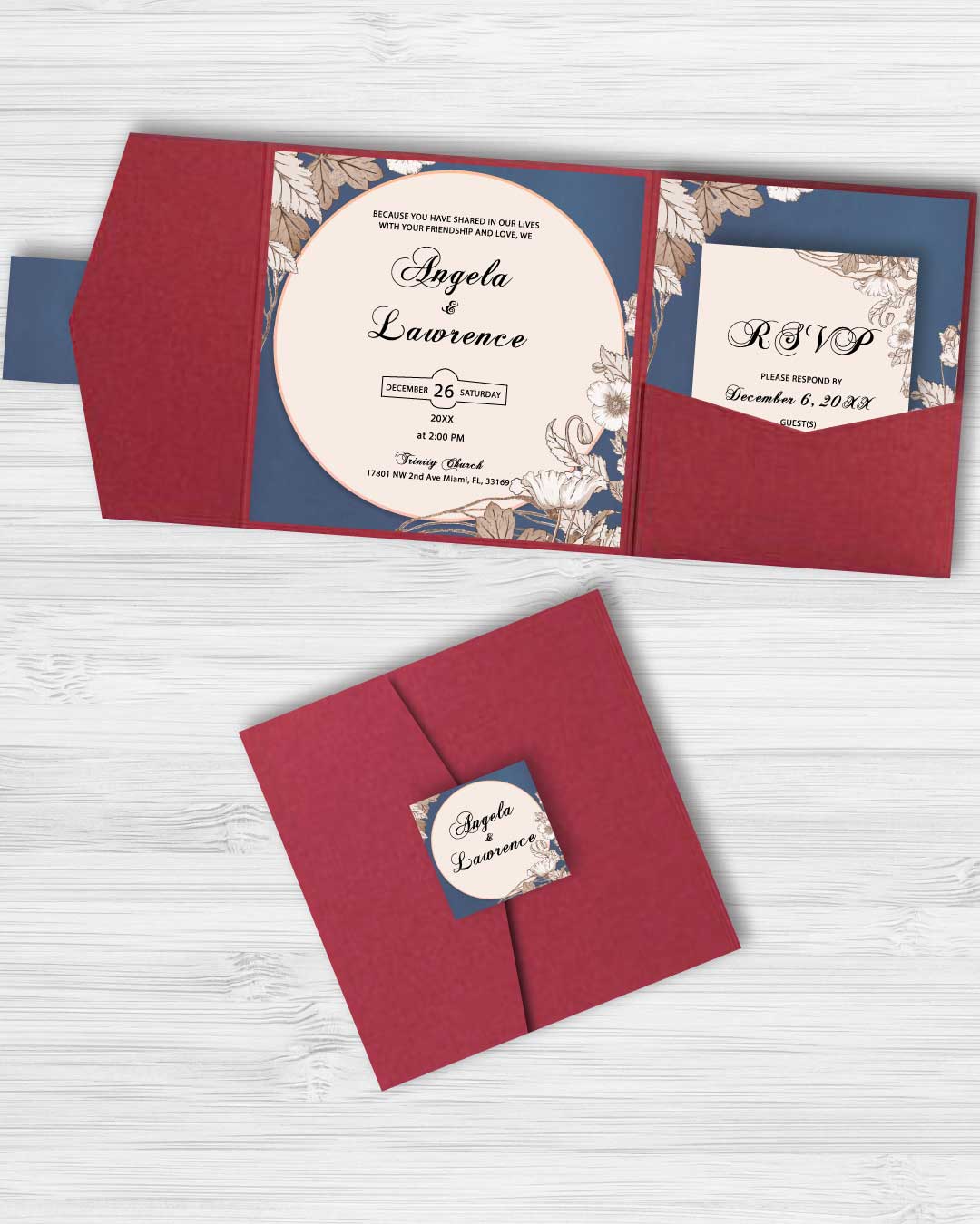 AP Printing - Ornate Flower 6 1\/4 Square Himalaya Pocket Wedding Invitation - Custom Printing Services