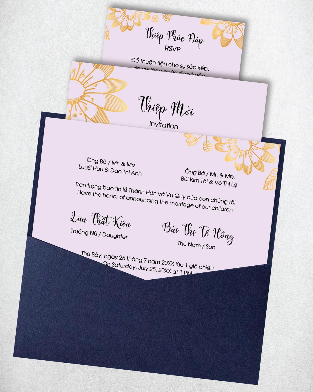 Delicate Golden Sunflower Denali 6 1/4 Square Denali Pocket Wedding Invitation