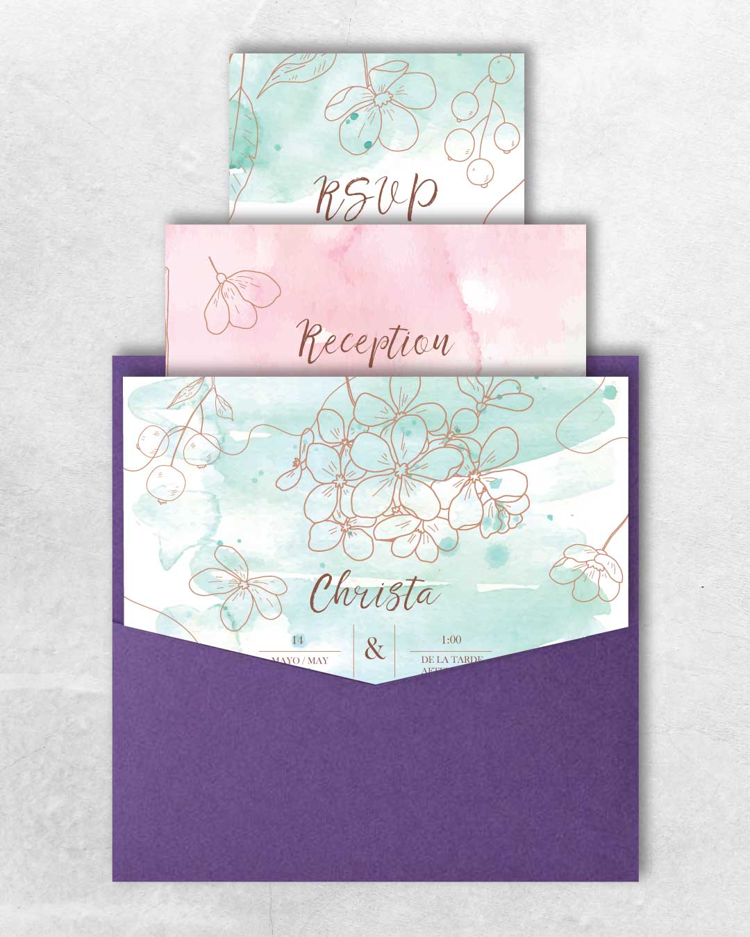 Pink And Turquoise Watercolors 6 1/4 Square Denali Pocket Spanish & English Wedding Invitation
